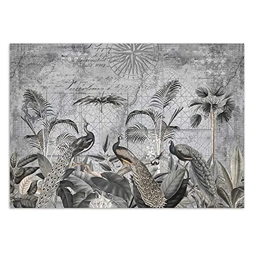 Carowall Photo Murale Intisse Abstrait Plantes Exotiques 350x245 cm gris Déco Murale Tableaux Muraux À La Maison Chambre à Coucher, Salon, Chambre D'amis Paons Ancienne Carte Oiseaux