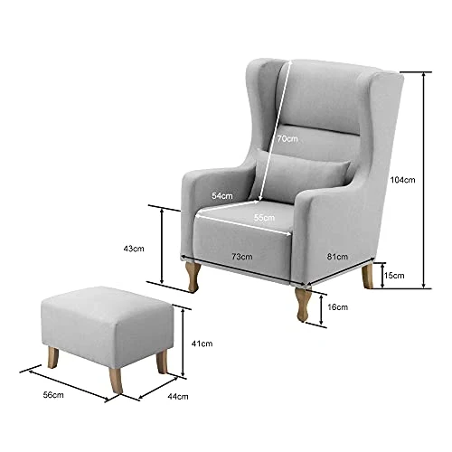 MCombo Fauteuil à Oreilles avec Tabouret + Coussin, Fauteuil TV, Fauteuil Relax, Fauteuil rembourré pour Salon, Tissu, 7266 (Gris)