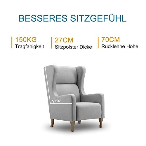 MCombo Fauteuil à Oreilles avec Tabouret + Coussin, Fauteuil TV, Fauteuil Relax, Fauteuil rembourré pour Salon, Tissu, 7266 (Gris)