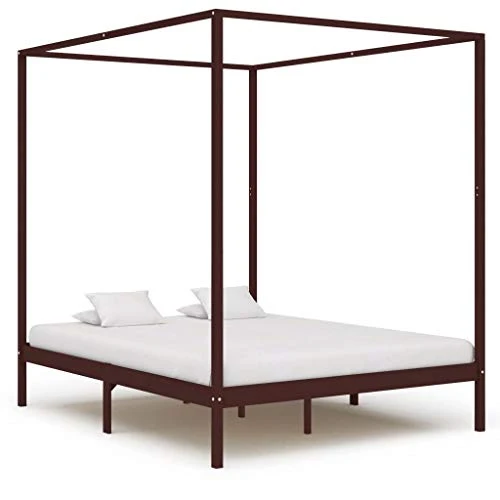 vidaXL Pin Massif Cadre de Lit à Baldaquin Lit Double Lit Adulte Lit Coffre Sommier à Lattes Chambre à Coucher Maison Intérieur Marron Foncé 180x200 cm