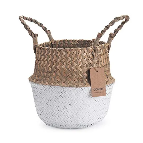 Panier Jonc De Mer Rangement Panier Plante Seagrass de Fleur Corbeille en Paille (22 x 20 cm, Naturel + Blanc)