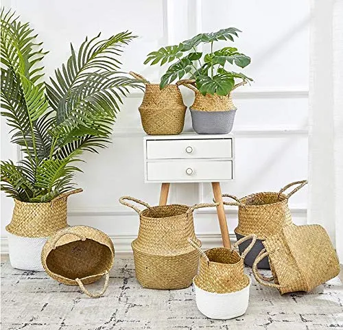 Panier Jonc De Mer Rangement Panier Plante Seagrass de Fleur Corbeille en Paille (22 x 20 cm, Naturel + Blanc)