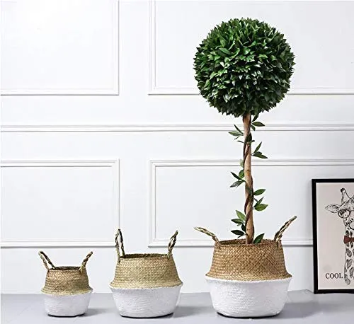 Panier Jonc De Mer Rangement Panier Plante Seagrass de Fleur Corbeille en Paille (22 x 20 cm, Naturel + Blanc)
