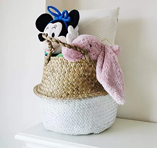 Panier Jonc De Mer Rangement Panier Plante Seagrass de Fleur Corbeille en Paille (22 x 20 cm, Naturel + Blanc)