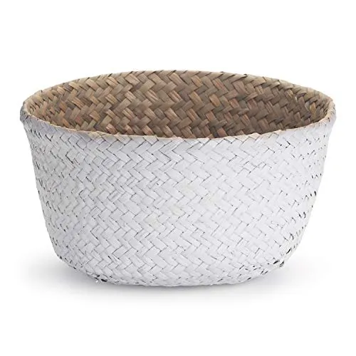 Panier Jonc De Mer Rangement Panier Plante Seagrass de Fleur Corbeille en Paille (22 x 20 cm, Naturel + Blanc)