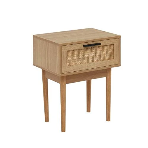 Table de Chevet avec cannage Naturel - 1 tiroirs - Décor Imitation Bois - L 40 x P 29,5 x H 50cm - Amana