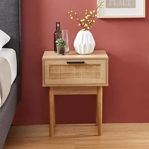 Table de Chevet avec cannage Naturel - 1 tiroirs - Décor Imitation Bois - L 40 x P 29,5 x H 50cm - Amana