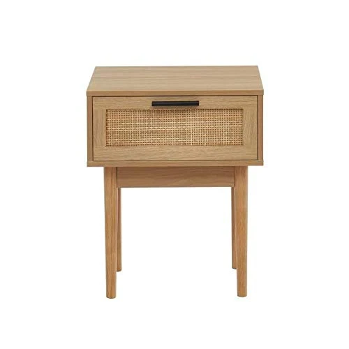 Table de Chevet avec cannage Naturel - 1 tiroirs - Décor Imitation Bois - L 40 x P 29,5 x H 50cm - Amana