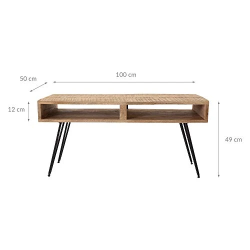 WOMO-DESIGN Table Basse avec 2 Tiroirs - 100x50x49 cm - Plateau en Bois de Manguier Massif Naturel - Pieds en Epingle à Cheveux en Métal - Design Rétro - Table d'Appoint Salon Canapé Fait à la Main