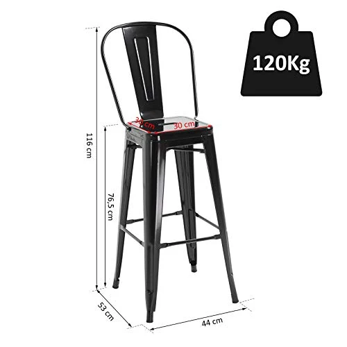 HOMCOM Lot de 4 tabourets de Bar Industriel avec Dossier Hauteur Assise 76,5 cm métal Noir