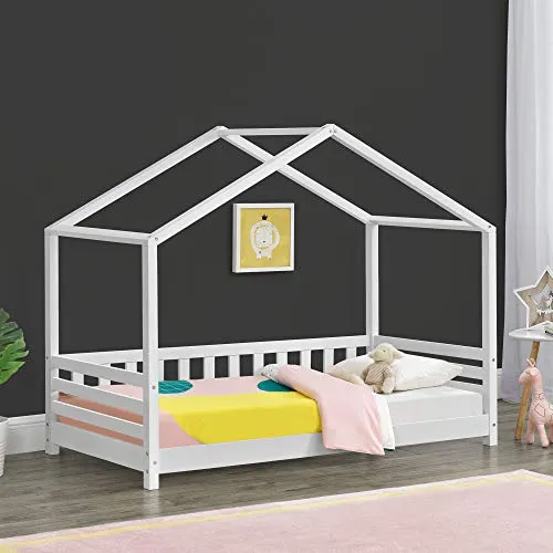 [en.casa] Lit d'enfant Design Forme Maison avec Barrière de Protection Anti-Chutes Lit Cabane avec Sommier à Lattes Construction Robuste Bois de Pin 160 x 80 cm Blanc Mat Laqué