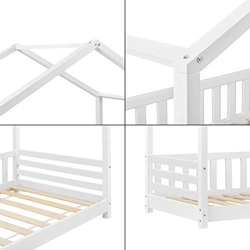 [en.casa] Lit d'enfant Design Forme Maison avec Barrière de Protection Anti-Chutes Lit Cabane avec Sommier à Lattes Construction Robuste Bois de Pin 160 x 80 cm Blanc Mat Laqué