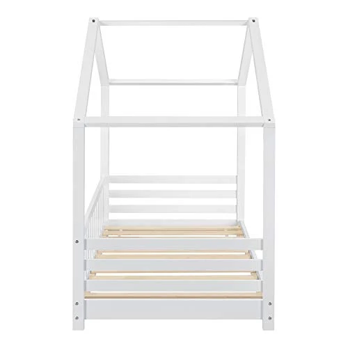 [en.casa] Lit d'enfant Design Forme Maison avec Barrière de Protection Anti-Chutes Lit Cabane avec Sommier à Lattes Construction Robuste Bois de Pin 160 x 80 cm Blanc Mat Laqué