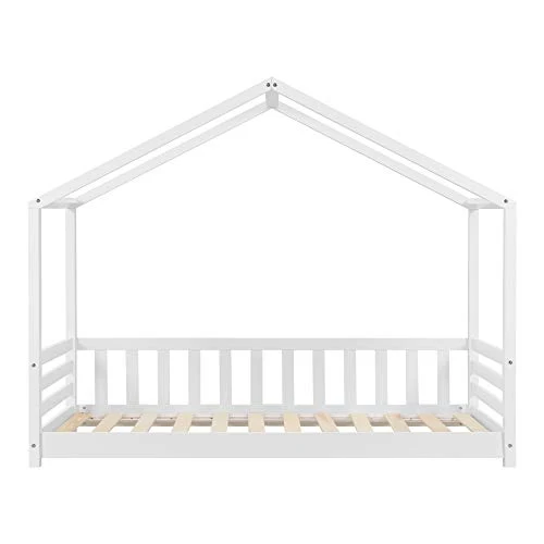 [en.casa] Lit d'enfant Design Forme Maison avec Barrière de Protection Anti-Chutes Lit Cabane avec Sommier à Lattes Construction Robuste Bois de Pin 160 x 80 cm Blanc Mat Laqué
