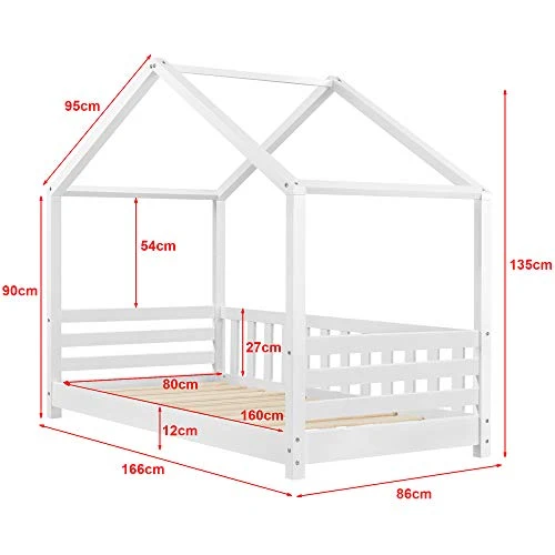 [en.casa] Lit d'enfant Design Forme Maison avec Barrière de Protection Anti-Chutes Lit Cabane avec Sommier à Lattes Construction Robuste Bois de Pin 160 x 80 cm Blanc Mat Laqué