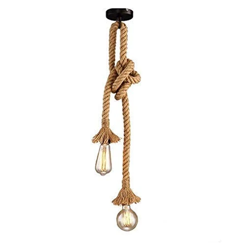 d.Stil Lustre Suspension en corde chanvre de double-tête E27*2 Douille Lumière pendante industrielle style rétro Creative Lampe réglable DIY pour salon café restaurant Hall (Jaune, 150cm)