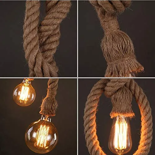 d.Stil Lustre Suspension en corde chanvre de double-tête E27*2 Douille Lumière pendante industrielle style rétro Creative Lampe réglable DIY pour salon café restaurant Hall (Jaune, 150cm)