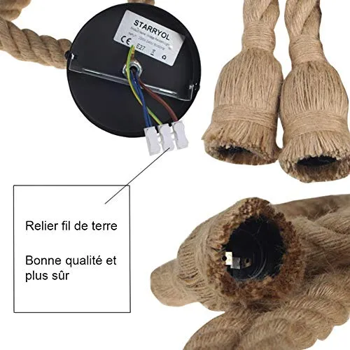 d.Stil Lustre Suspension en corde chanvre de double-tête E27*2 Douille Lumière pendante industrielle style rétro Creative Lampe réglable DIY pour salon café restaurant Hall (Jaune, 150cm)