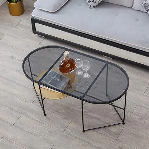 Ovale Table Basse Creative Side Table End Sofa Table avec Verre Trempé Et Pieds En Métal Meubles Salon Noir (Size : 80×40×45cm)