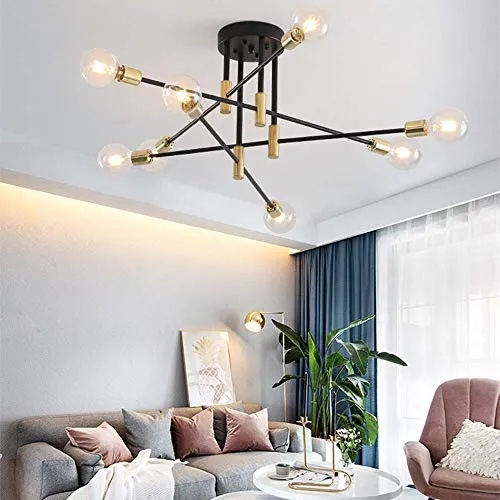 Vikaey Lustre industriel moderne de spoutnik, Lumière de plafond de base E27, Luminaire en métal noir pour la cuisine de chambre à coucher de salle de salon(8-lumière)