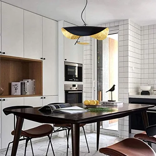 LED Pendentif En Forme De Feuille Chapeau Doré Suspension Lampe Hauteur Réglable Plafond Suspension Café Bar Chambre Salon Décoration Lustre Système D'éclairage,Noir,60cm