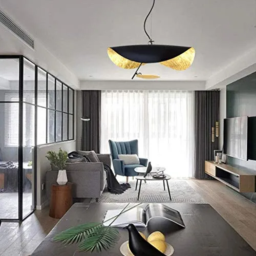 LED Pendentif En Forme De Feuille Chapeau Doré Suspension Lampe Hauteur Réglable Plafond Suspension Café Bar Chambre Salon Décoration Lustre Système D'éclairage,Noir,60cm