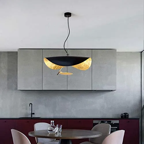 LED Pendentif En Forme De Feuille Chapeau Doré Suspension Lampe Hauteur Réglable Plafond Suspension Café Bar Chambre Salon Décoration Lustre Système D'éclairage,Noir,60cm