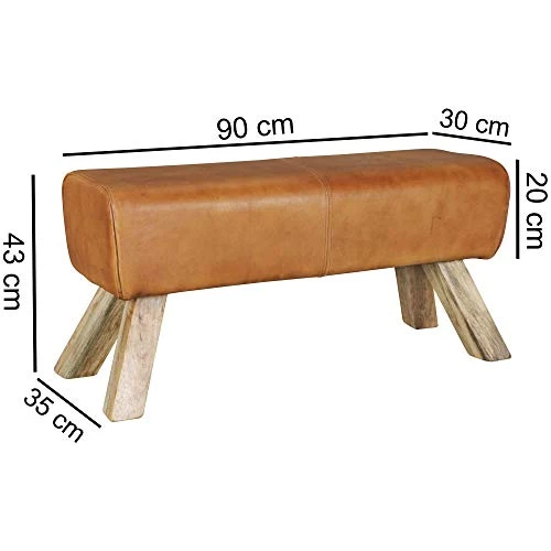 FineBuy Banc Bois Massif Cuir 90 x 43 x 30 cm Style rétro | Rembourré Banc | Banc en Cuir Salle à Manger Brun | Petit Banquette de lit Cuir véritable Banc Couloir