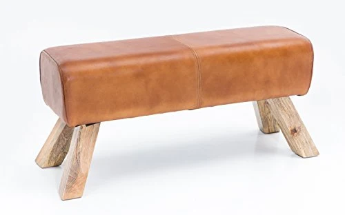 FineBuy Banc Bois Massif Cuir 90 x 43 x 30 cm Style rétro | Rembourré Banc | Banc en Cuir Salle à Manger Brun | Petit Banquette de lit Cuir véritable Banc Couloir