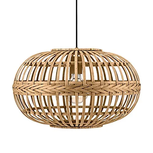 Eglo Suspensions Amsfield, Lampe Suspendue à Flamme Vintage, Nature, Boho, Bien-Être, Lampe Pendante en Acier, Bois en Couleurs Naturelles, Lampe de Table à Manger