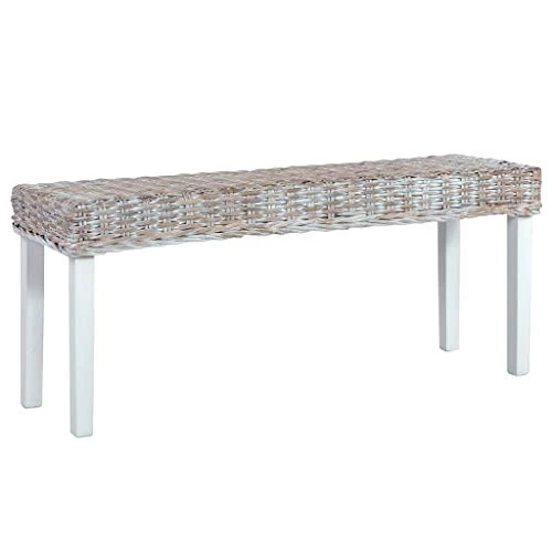 Doneioe Banc 110 cm Banc de lit Banquette rembourrée Bancs de Cuisine Bancs de Table à Manger pour Une Utilisation en intérieur Blanc Rotin Kubu Naturel et Bois de manguier Massif
