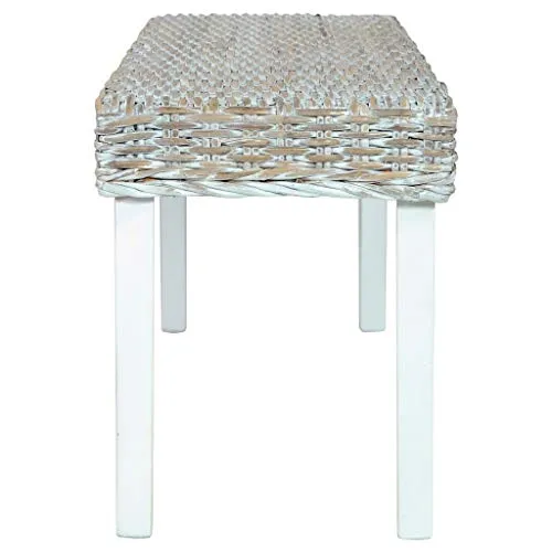 Doneioe Banc 110 cm Banc de lit Banquette rembourrée Bancs de Cuisine Bancs de Table à Manger pour Une Utilisation en intérieur Blanc Rotin Kubu Naturel et Bois de manguier Massif