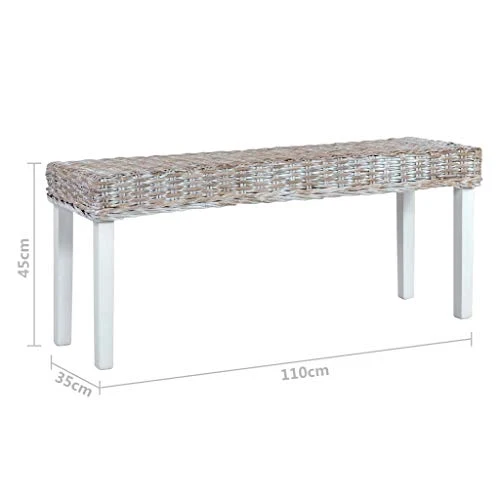 Doneioe Banc 110 cm Banc de lit Banquette rembourrée Bancs de Cuisine Bancs de Table à Manger pour Une Utilisation en intérieur Blanc Rotin Kubu Naturel et Bois de manguier Massif