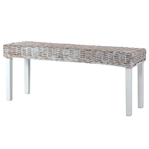 Doneioe Banc 110 cm Banc de lit Banquette rembourrée Bancs de Cuisine Bancs de Table à Manger pour Une Utilisation en intérieur Blanc Rotin Kubu Naturel et Bois de manguier Massif