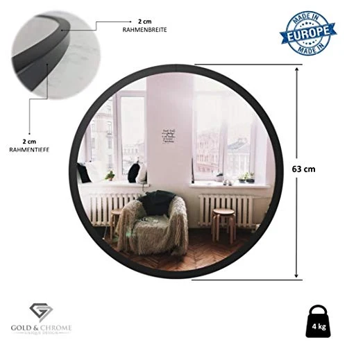 Miroir Mural Gold & Chrome, Rond, avec Cadre en Aluminium | Surface Miroir revêtue de téflon, résistante à l'humidité | Cadre de Miroir, 2 cm de Profondeur, Peint par poudrage, Montage Facile