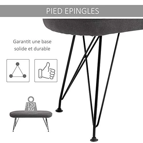 HOMCOM Banc Banquette Design Contemporain Pieds Eiffel en épingles métal Noir revêtement Lin Gris