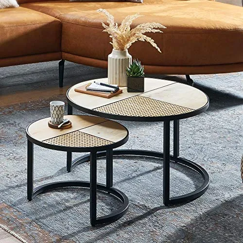 FineBuy Tables Gigogne Ensemble Deux pièces Bois Massif/Métal Table de Salon | Table d'appoint Ronde Style Industrielle | Meubles en Bois Massif Table Basse