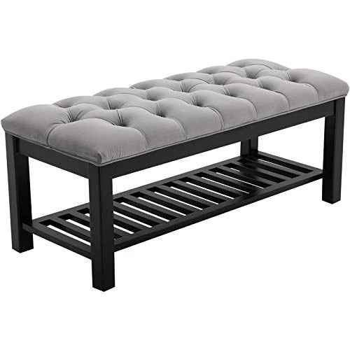 HOMCOM Banc Banquette capitonnée Style Classique Chic Banc à Chaussures dim. 108L x 45l x 46H cm Bois Massif Caoutchouc Noir Polyester Gris