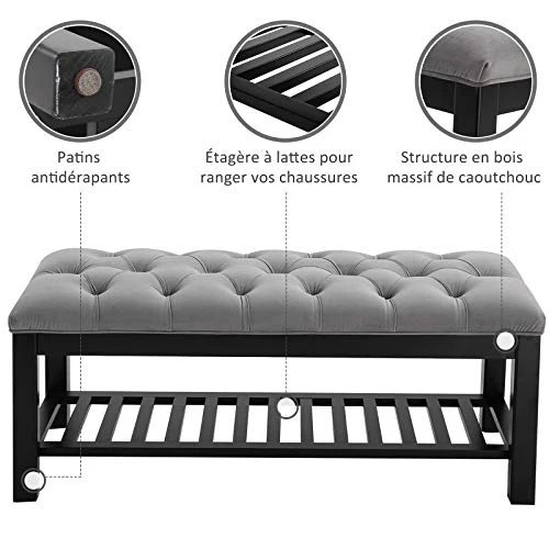 HOMCOM Banc Banquette capitonnée Style Classique Chic Banc à Chaussures dim. 108L x 45l x 46H cm Bois Massif Caoutchouc Noir Polyester Gris