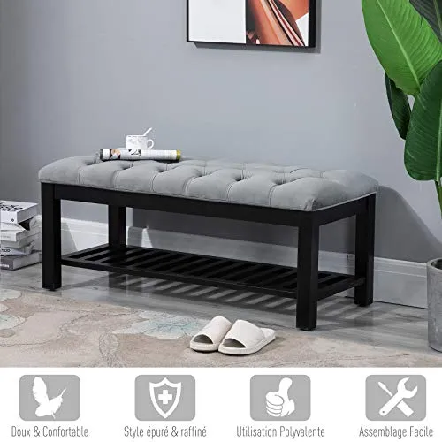 HOMCOM Banc Banquette capitonnée Style Classique Chic Banc à Chaussures dim. 108L x 45l x 46H cm Bois Massif Caoutchouc Noir Polyester Gris