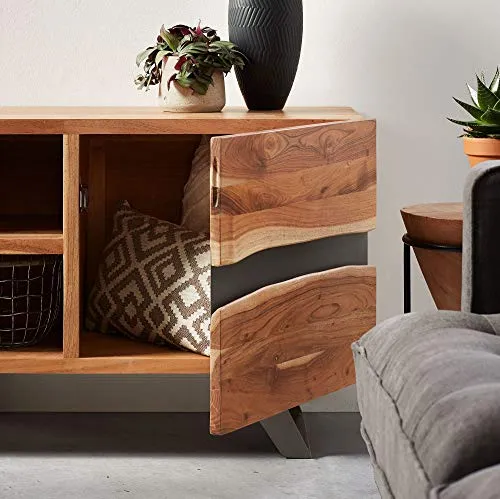 Kave Home - Meuble TV Uxia 160 x 65 cm avec 2 Portes en Bois Massif d'acacia et Pieds en Acier Noir