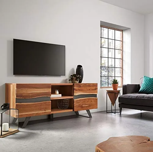Kave Home - Meuble TV Uxia 160 x 65 cm avec 2 Portes en Bois Massif d'acacia et Pieds en Acier Noir