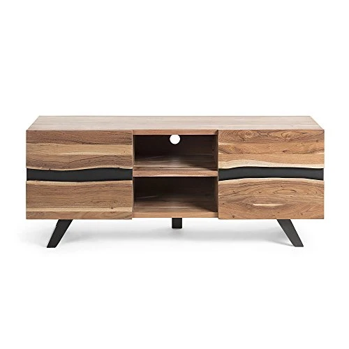 Kave Home - Meuble TV Uxia 160 x 65 cm avec 2 Portes en Bois Massif d'acacia et Pieds en Acier Noir