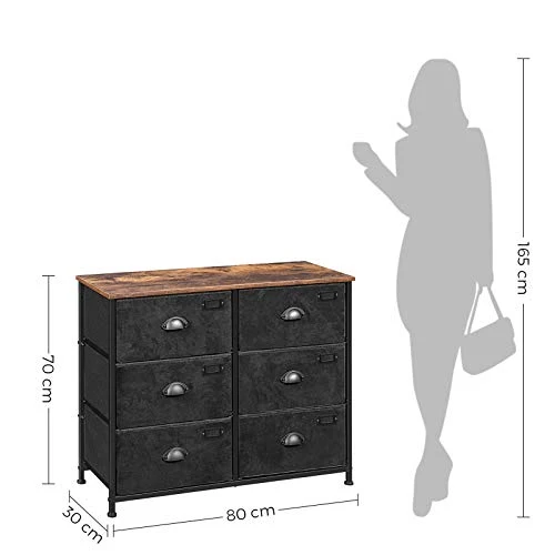 SONGMICS Commode en Tissu, Console Large 6 tiroirs, Meuble de Rangement vêtements, Style Industriel, Cadre en métal, Surface boisée, pour Chambre, Couloir, Marron Rustique et Noir LVT23HV1