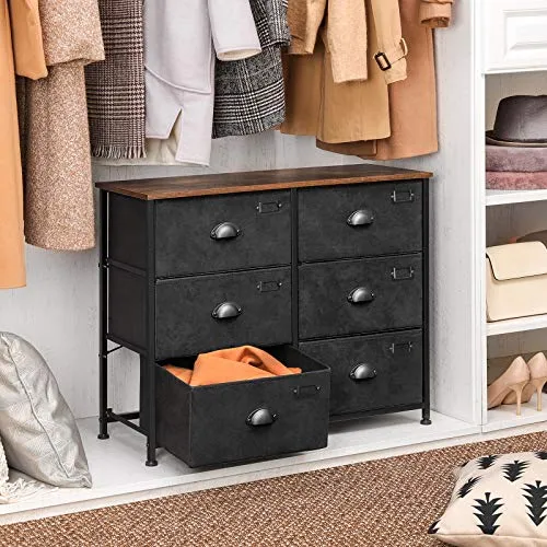 SONGMICS Commode en Tissu, Console Large 6 tiroirs, Meuble de Rangement vêtements, Style Industriel, Cadre en métal, Surface boisée, pour Chambre, Couloir, Marron Rustique et Noir LVT23HV1