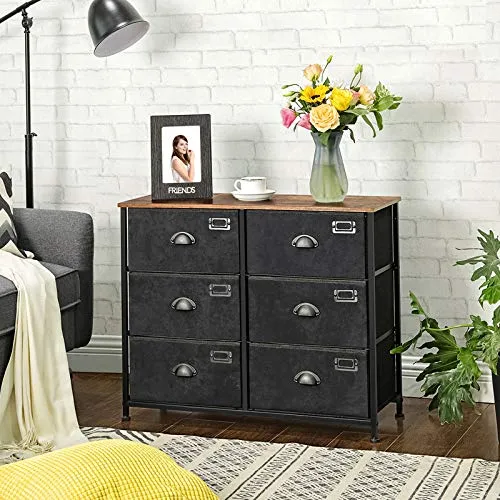 SONGMICS Commode en Tissu, Console Large 6 tiroirs, Meuble de Rangement vêtements, Style Industriel, Cadre en métal, Surface boisée, pour Chambre, Couloir, Marron Rustique et Noir LVT23HV1