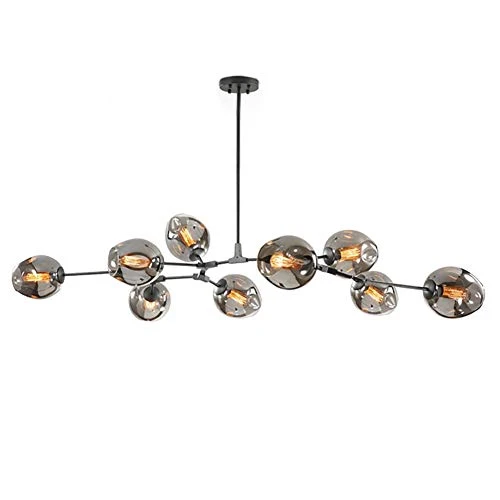 CCSUN Nordique Boule En Verre Spoutnik Lustres, Antique Ramification Lampe Suspension Globe Réglable Verre Soufflé Abat-jour En Verre E27 Fer Forgé Antique Lustres-galvanoplastie Gris Fumée 9-lumières