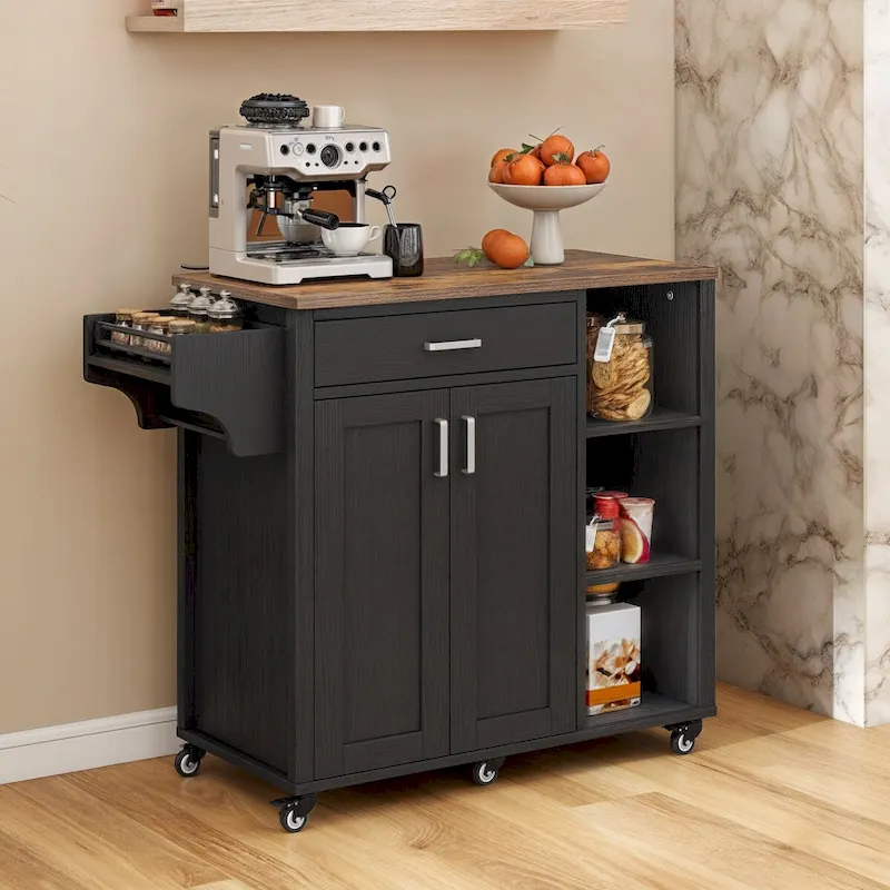 Rolling Kitchen Island on Wheels with Drawer Open Shelves & Doors