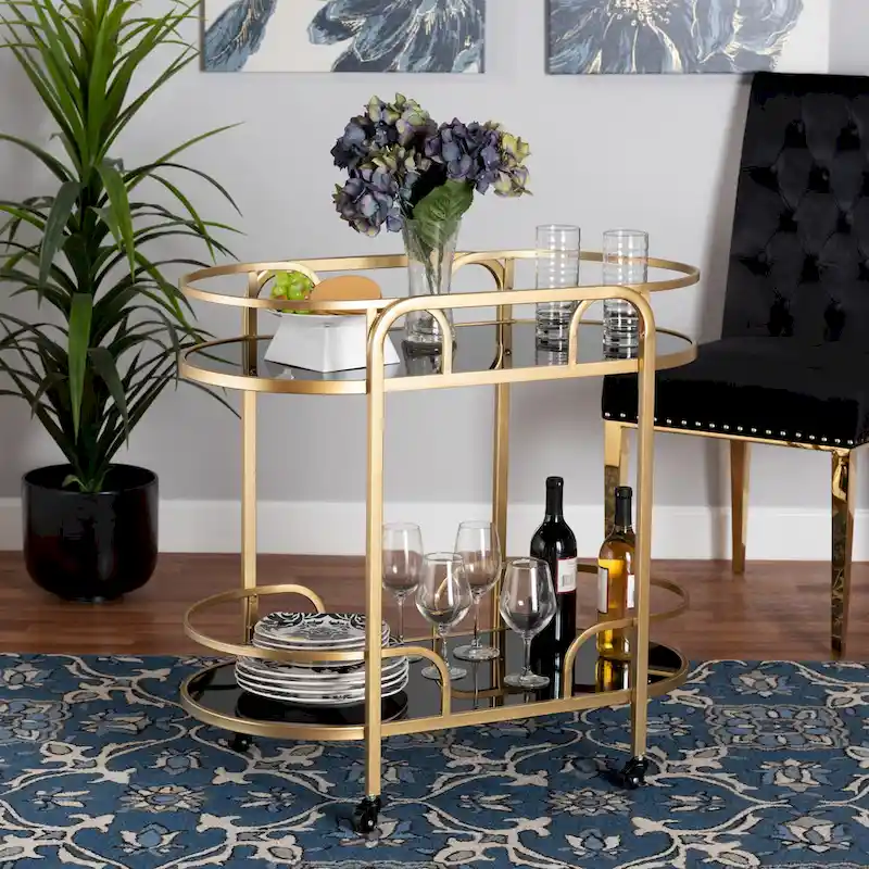 Leighton Contemporary Glam and Luxe Gold Metal and Tempered Glass 2-Tier Wine Cart