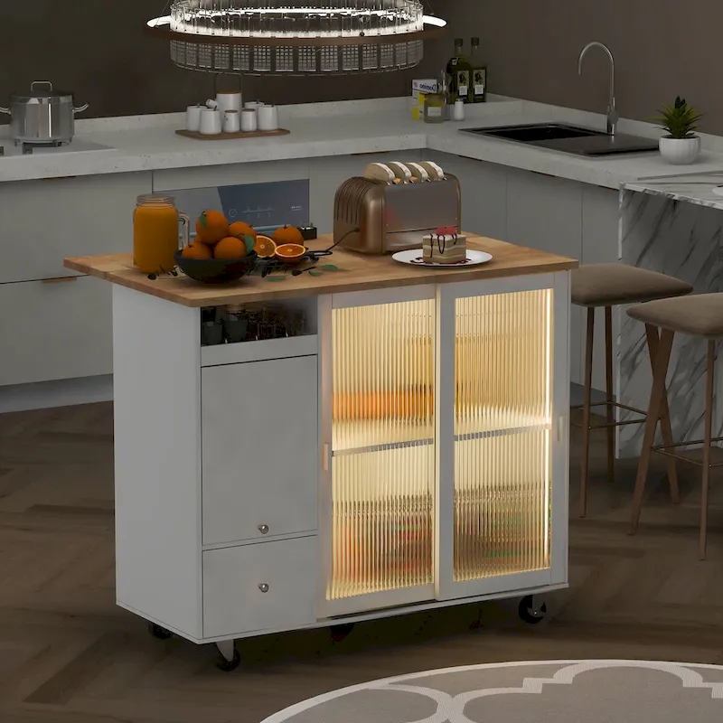 Rubberwood Kitchen Cart with Drop Leaf, Internal Storage Rack, Flip Cabinet Door, and 2 Drawers